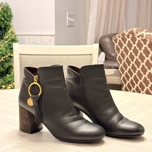Size 8 See By Chloe Black Ankle Boots with Gold Accent